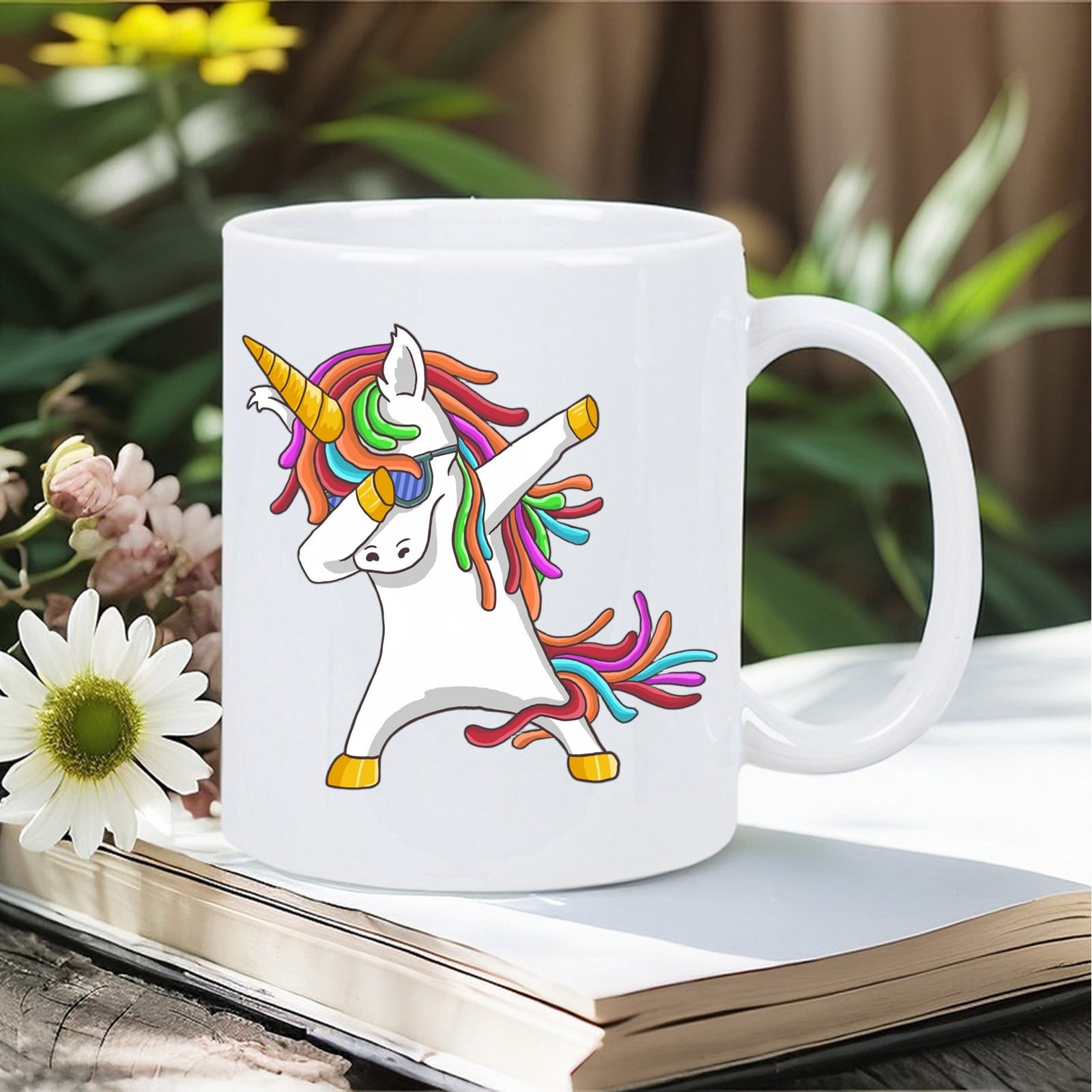 Tailorly White Ceramic 11 oz Mug - Rainbow Colored Mane With Golden Horn Dancing In Joyful Pose Unicorn