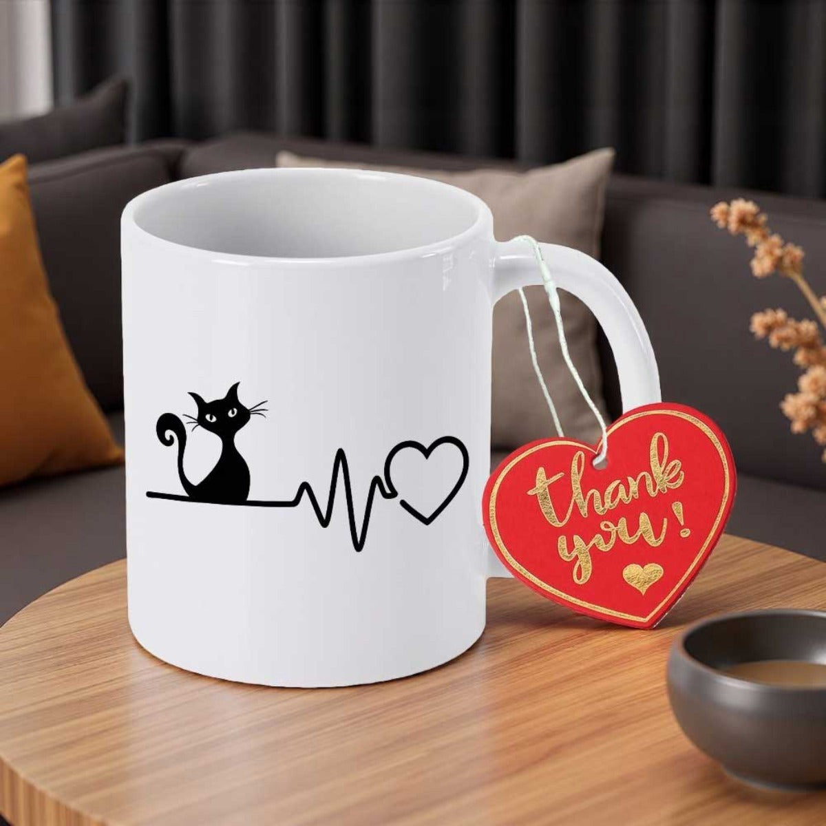 Tailorly White Ceramic 11 oz Mug - Thank You Minimalist Silhouette Of A Black Cat With Pulsing Heartbeat Line Cat