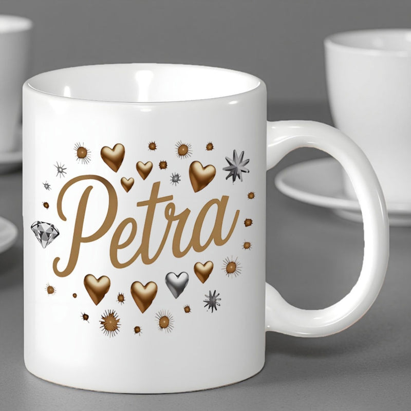 Tailorly White Ceramic 11 oz Mug - Petra Metallic Golden Hearts And Tiny Diamonds Surrounding Stylish Script Mug