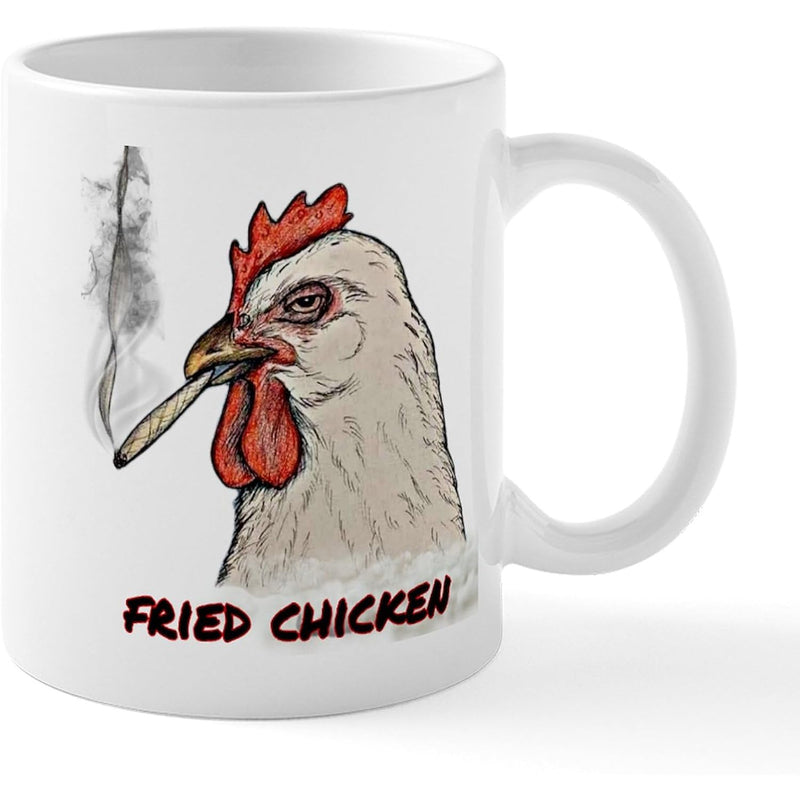 Tailorly White Ceramic 11 oz Mug - Fried Chicken Hand Drawn Illustration Of A Smoking Hen With Wispy Gray Rising Smoke Chicken
