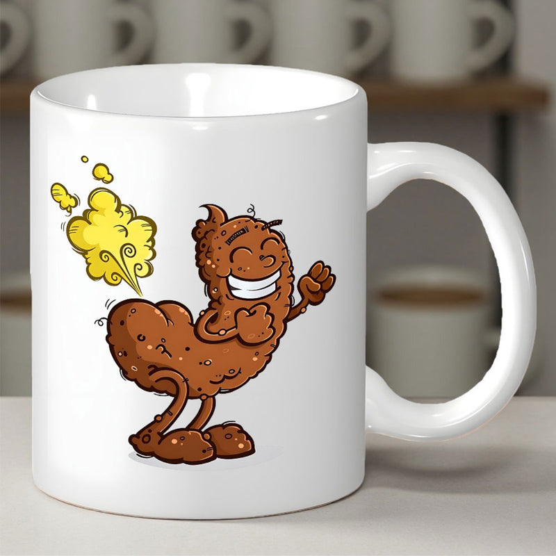 Tailorly White Ceramic 11 oz Mug - Funny Brown Cartoon Character Releasing Yellow Gas Clouds With Smiling Face Poop