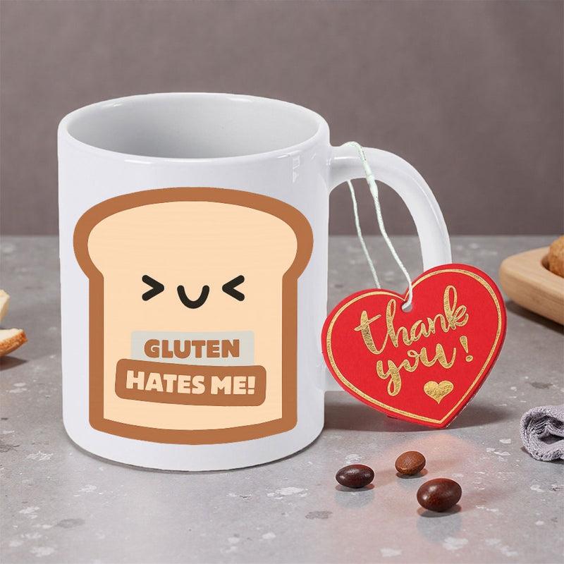 Tailorly White Ceramic 11 oz Mug - Gluten Hates Me Smiling Cartoon Bread Slice With Brown Crust And Happy Expression Toast