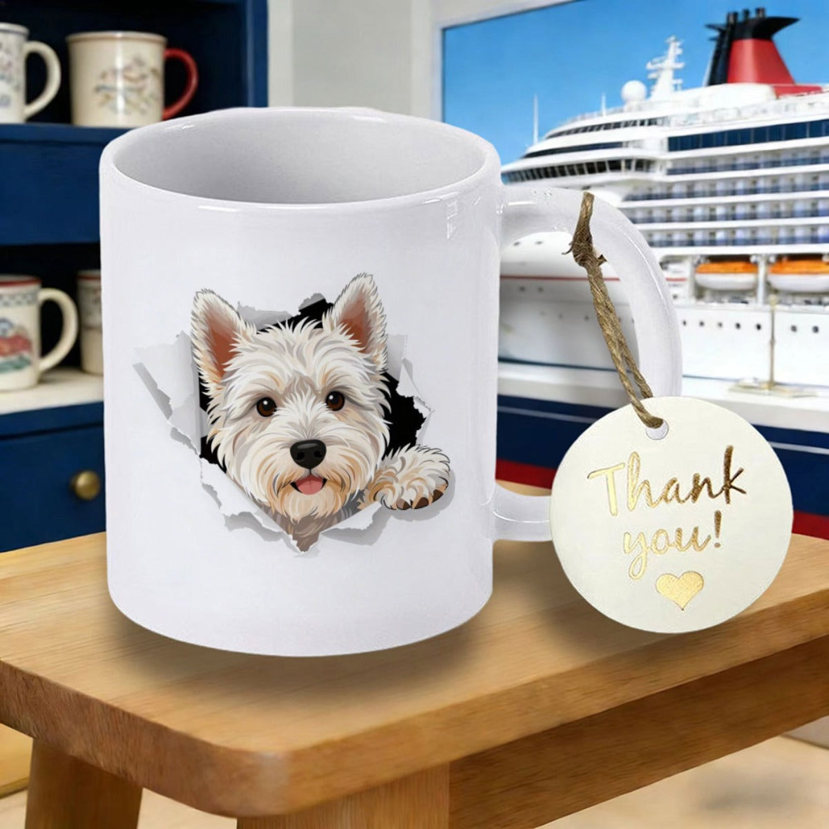 Tailorly White Ceramic 11 oz Mug - Thank You White West Highland Terrier Peeking Through Torn Paper Surface With Realistic Fur Details Westie