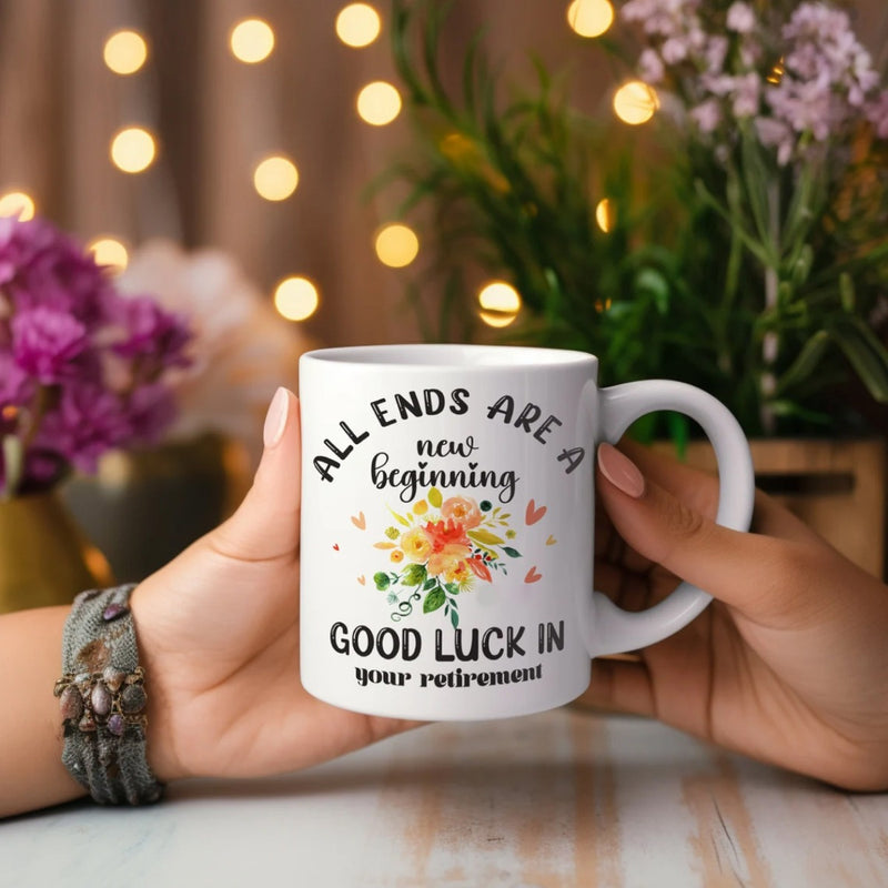 Tailorly White Ceramic 11 oz Mug - All Ends Are A New Beginning Good Luck In Your Retirement Vibrant Watercolor Bouquet With Green Leaves And Delicate Pink Hearts