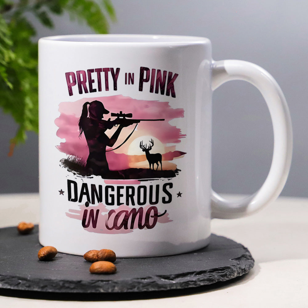 Tailorly White Ceramic 11 oz Mug - Pretty In Pink Dangerous In Camo Silhouette Of Female Hunter With Rifle Watching Majestic Sunset Hunter