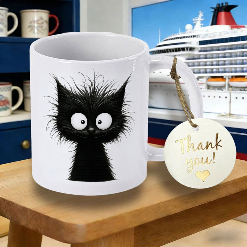 Tailorly White Ceramic 11 oz Mug - Adorably Messy Spiky Black Fur With Wide Surprised Eyes Whimsical Cat