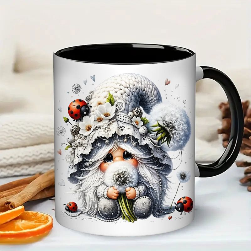 Tailorly Black Accent 11 oz Mug - cute gnome holding dandelion with ladybug