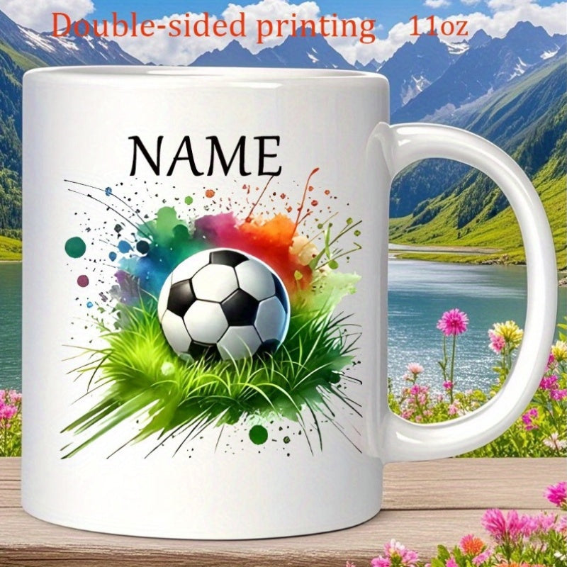 Tailorly White Ceramic 11 oz Mug - Name Vibrant Watercolor Splashes Behind A Soccer Ball Resting On Green Grass Soccer Ball