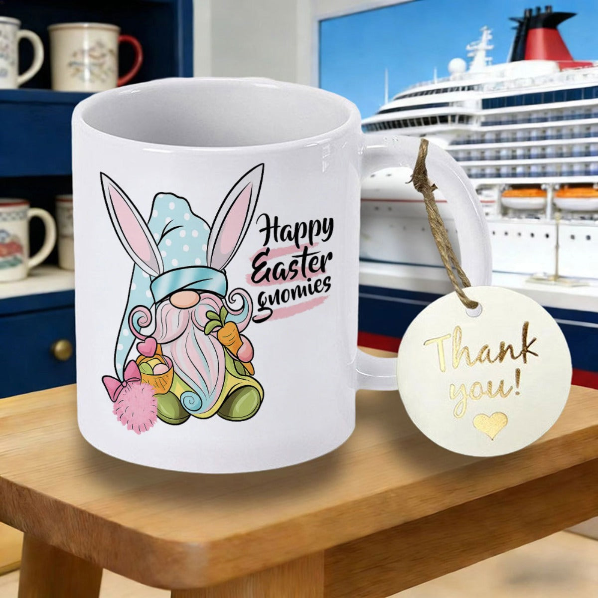 Tailorly White Ceramic 11 oz Mug - Happy Easter Gnomies Adorable Festive Character Wearing Bunny Ears And Holding A Tasty Carrot Gnome