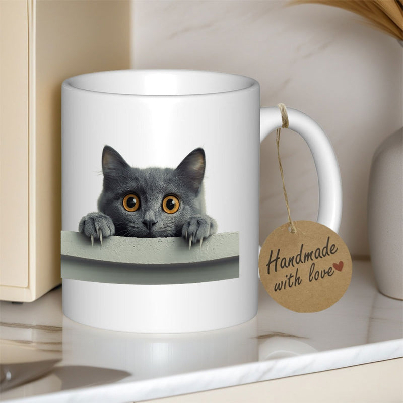 Tailorly White Ceramic 11 oz Mug - Handmade With Love Curious Grey Kitten Peeking Over Edge With Big Golden Eyes Cat