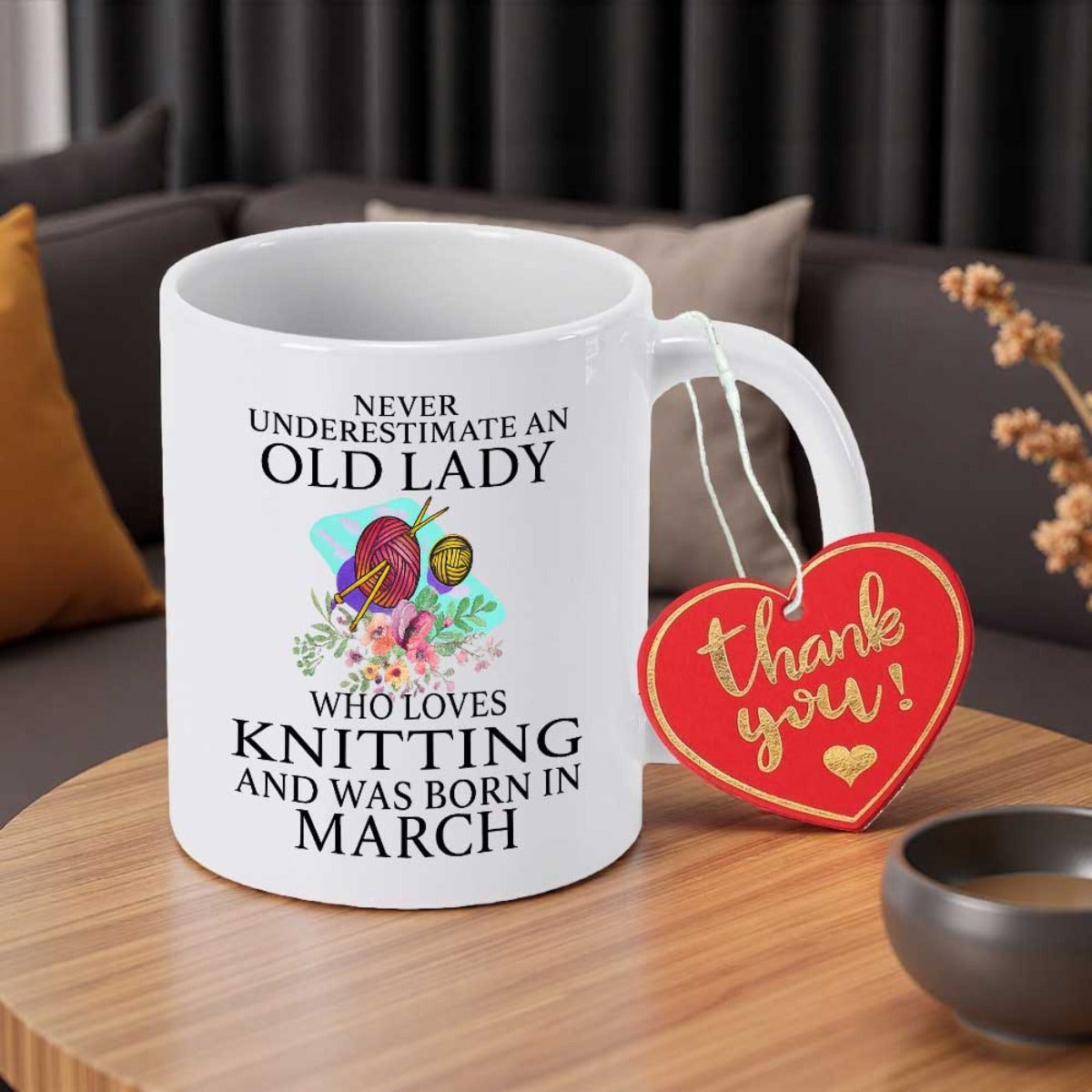 Tailorly White Ceramic 11 oz Mug - Never Underestimate An Old Lady Who Loves Knitting And Was Born In March Colorful Yarn Balls With Knitting Needles Among