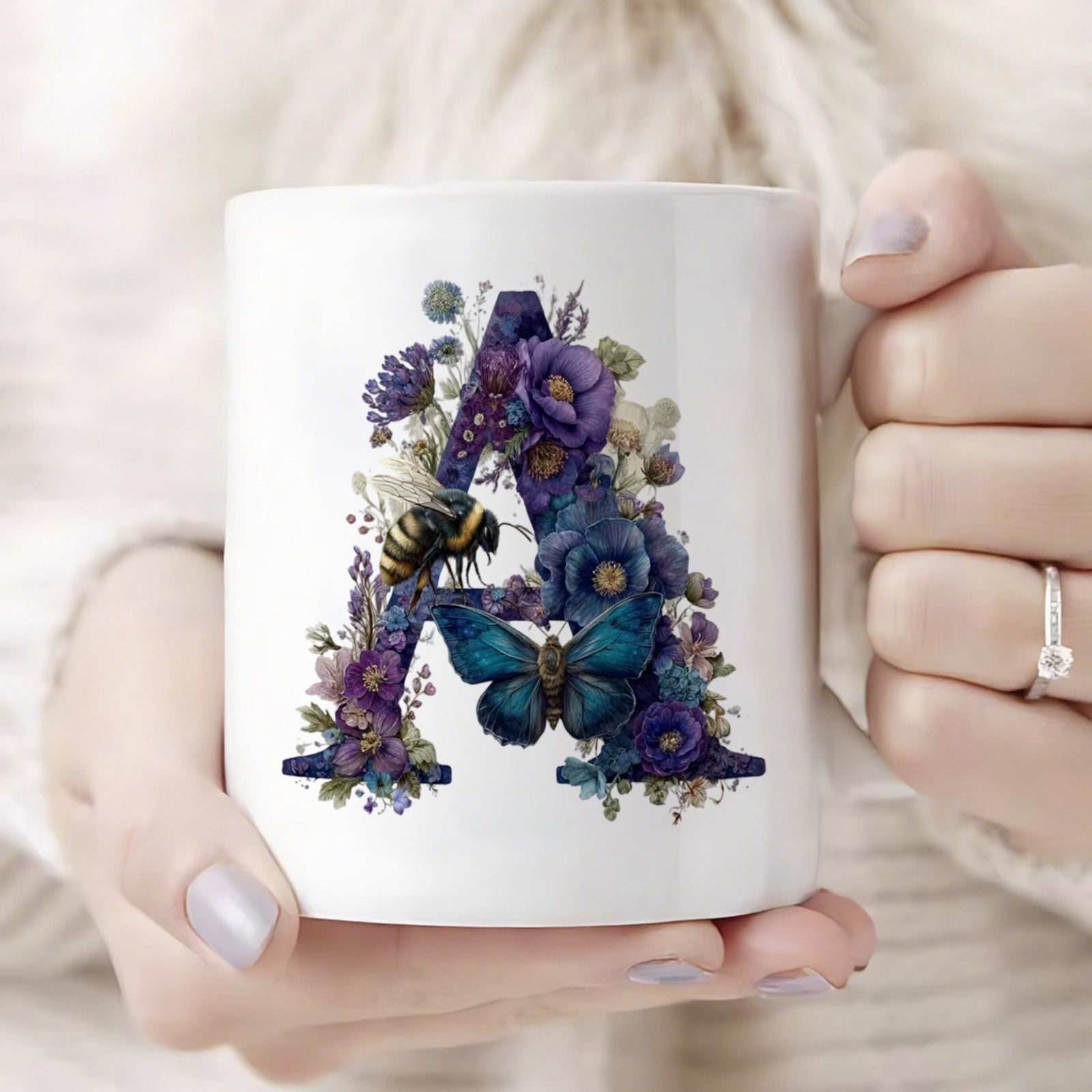 Tailorly White Ceramic 11 oz Mug - A Ornate Purple Flowers And Blue Butterfly Among Garden Botanical Letter