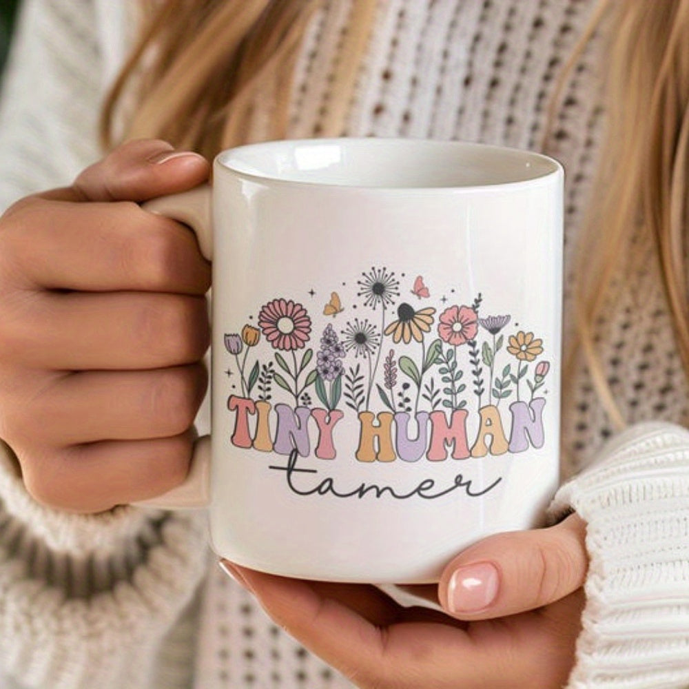 Tailorly White Ceramic 11 oz Mug - Tiny Human Tamer Whimsical Colorful Wildflowers Blooming Among Delicate Butterflies And Natural Flora