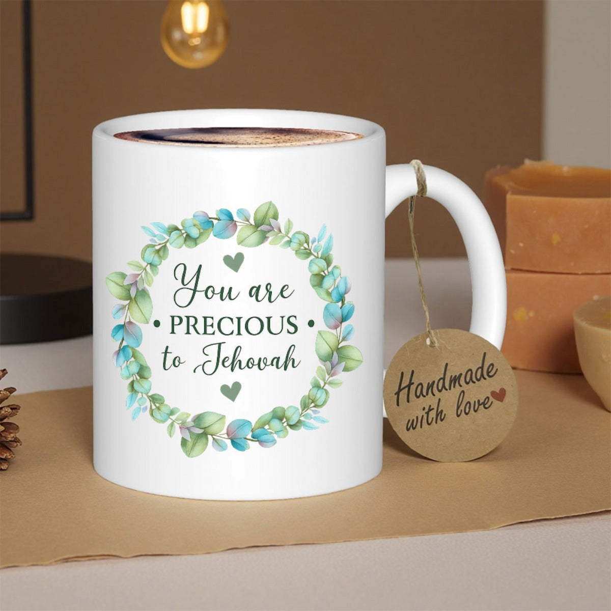 Tailorly White Ceramic 11 oz Mug - You Are Precious To Jehovah Elegant Circular Green Watercolor Leaves Within A Delicate Botanical Wreath