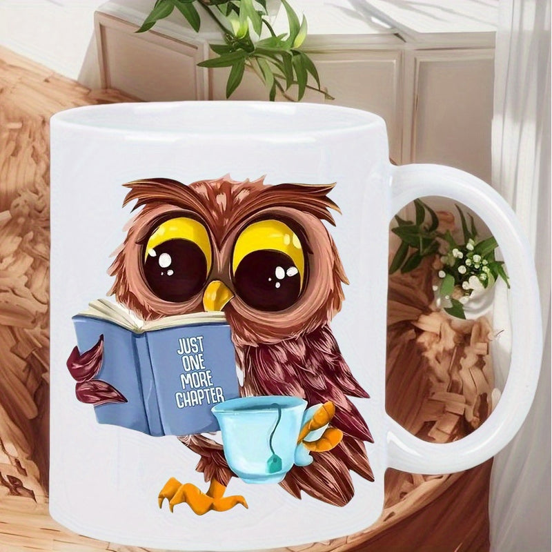 Tailorly White Ceramic 11 oz Mug - Just One More Chapter Wise Little Creature Holding A Blue Book Sipping Hot Tea Owl