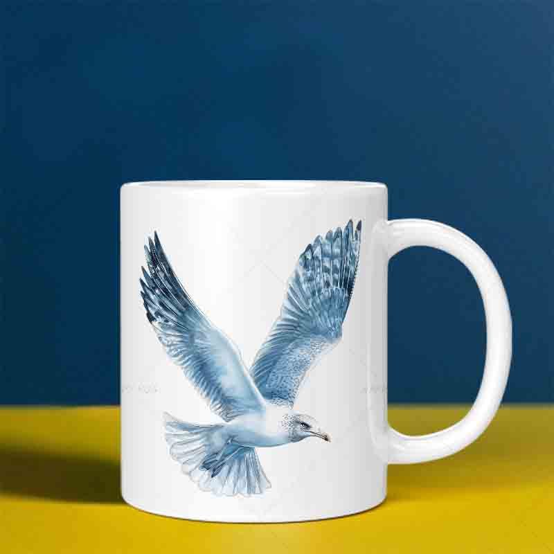 Tailorly White Ceramic 11 oz Mug - Majestic Soaring Blue Bird With Spread Wings Over The Ocean Seagull