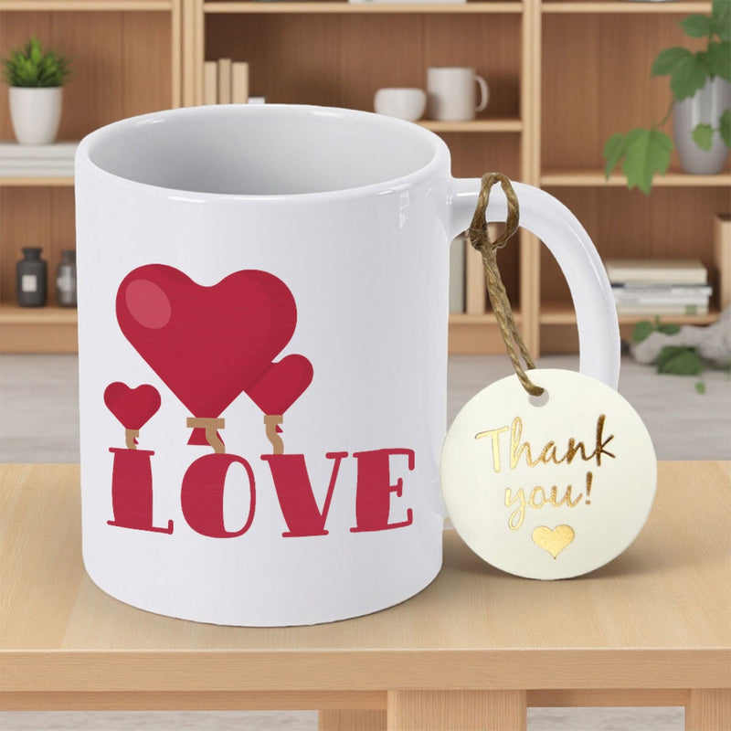 Tailorly White Ceramic 11 oz Mug - Love Three Vibrant Red Heart Shaped Balloons Attached To Letters Heart