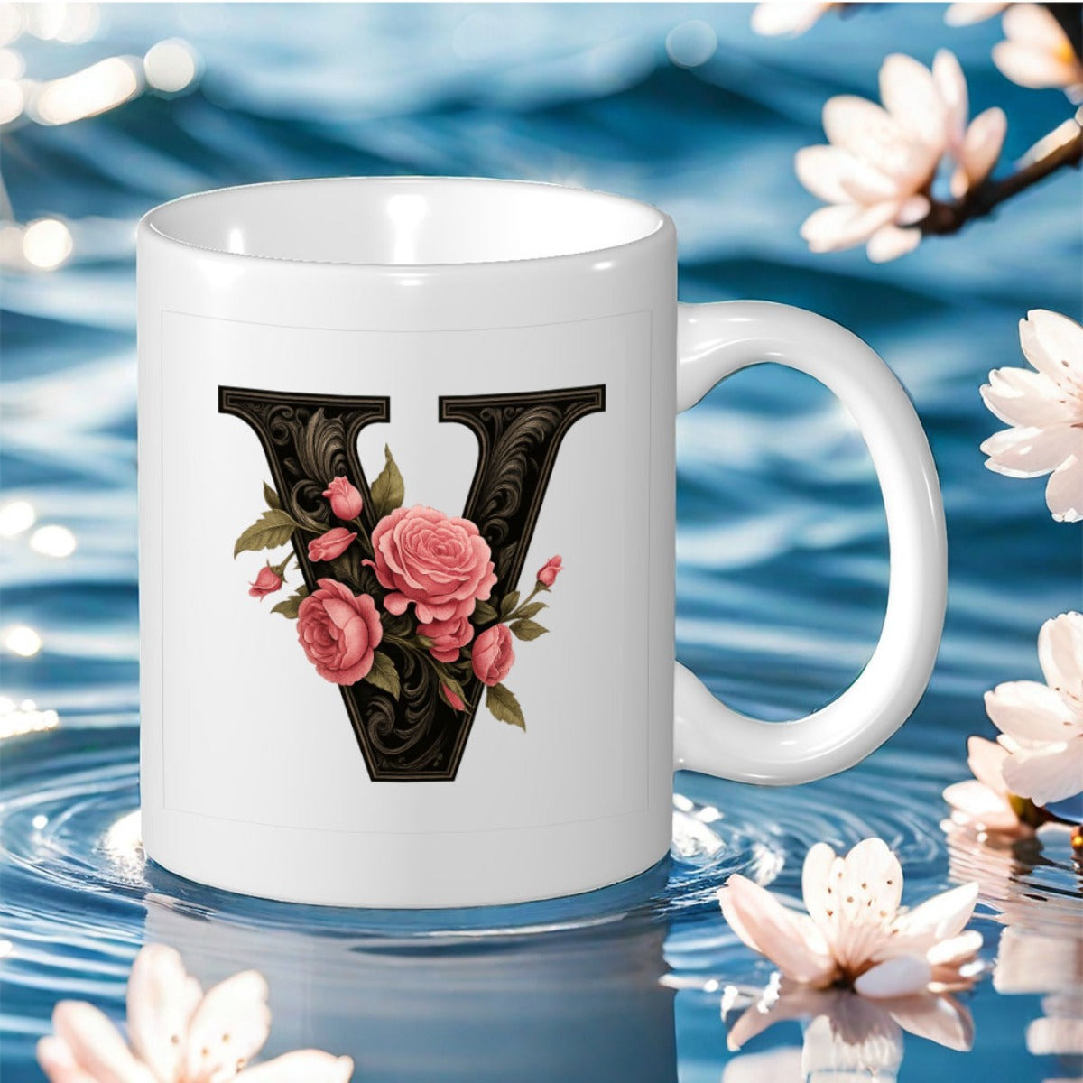 Tailorly White Ceramic 11 oz Mug - V Vintage Ornate Dark Letter Decorated With Pink Blossoming Roses Initial