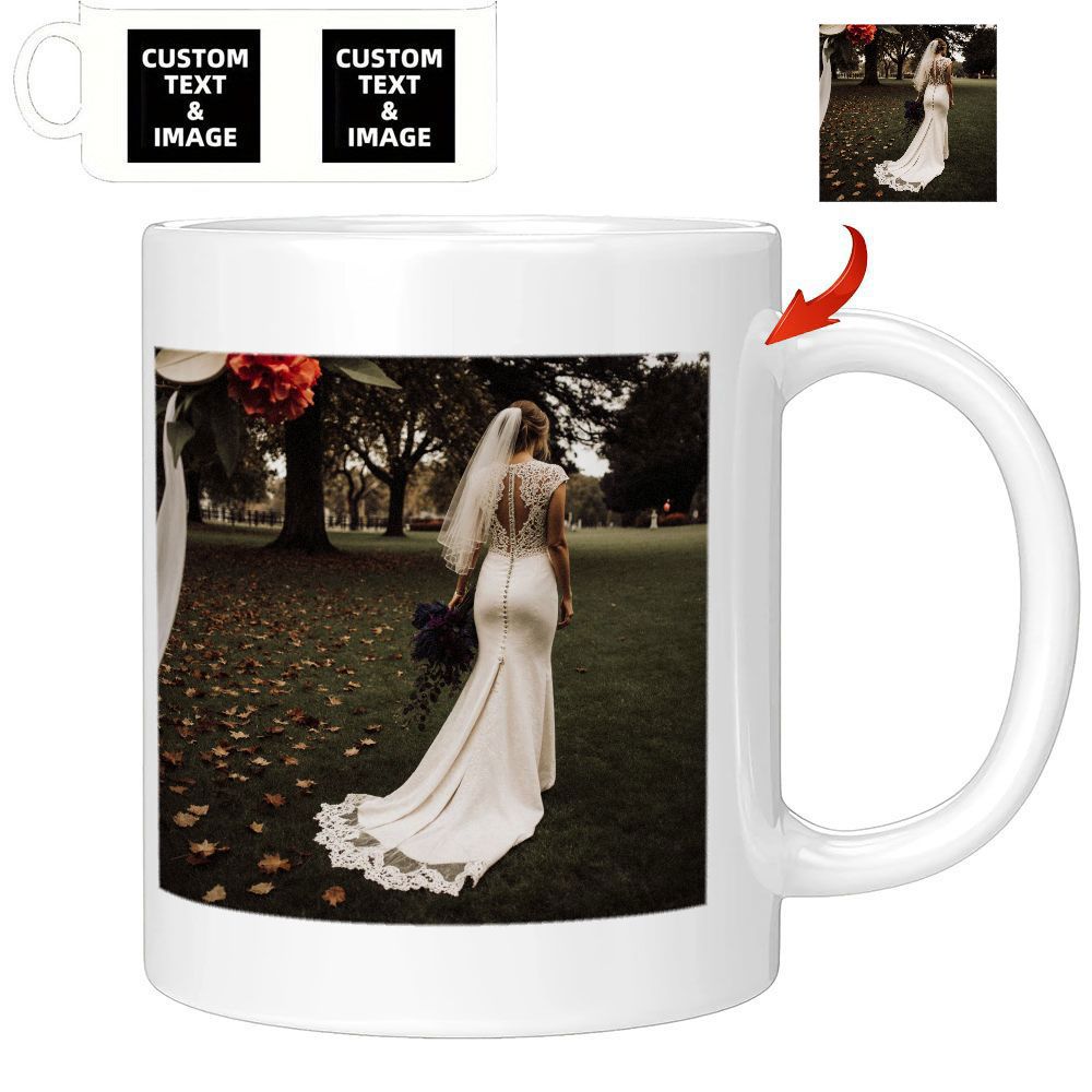 Tailorly White Ceramic 11 oz Mug - Elegant Wedding Gown Among Green Park Trees And Grass Bride