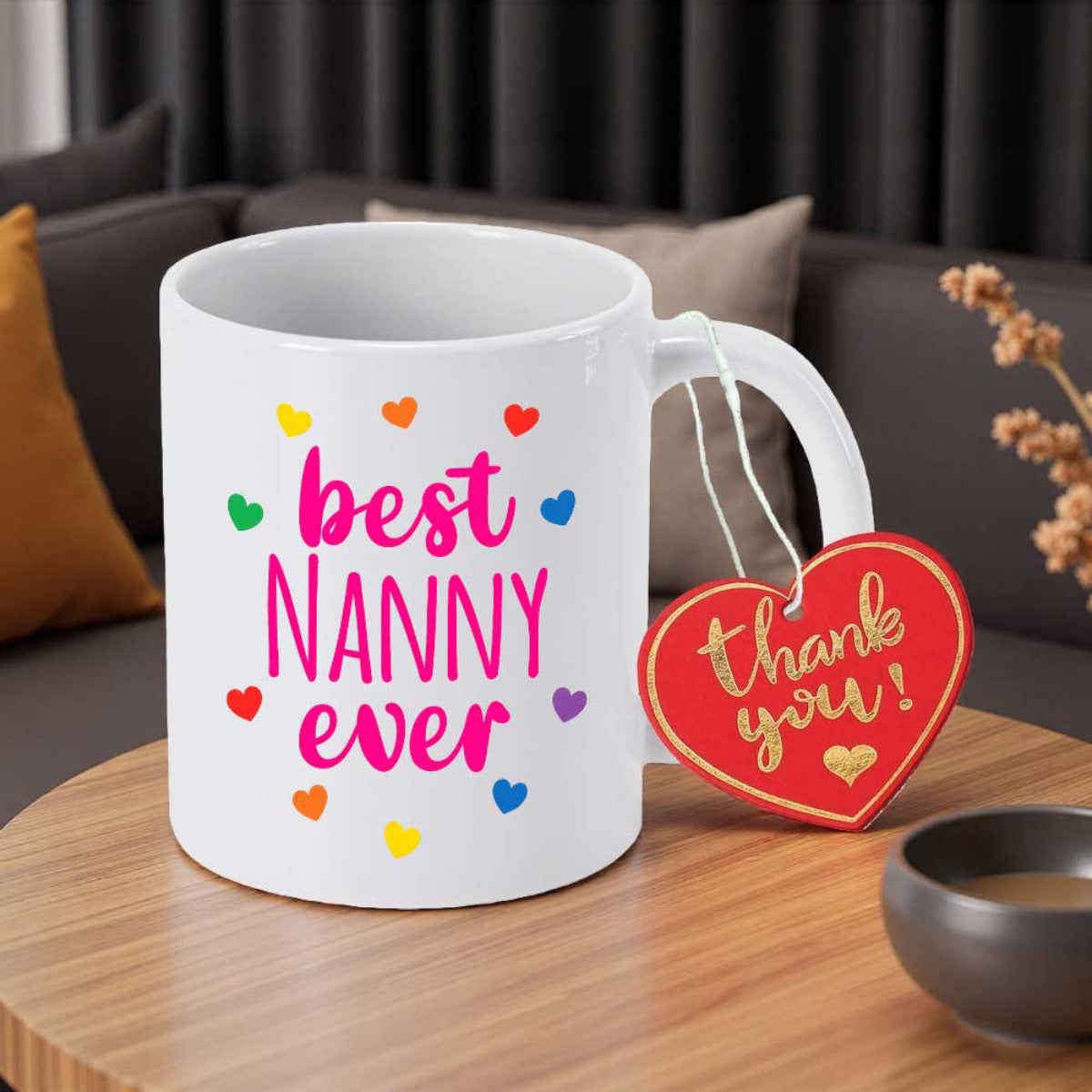 Tailorly White Ceramic 11 oz Mug - Best Nanny Ever Thank You Elegant Ceramic Body Surrounded By Vibrant Tiny Multicolored Love Hearts Mug
