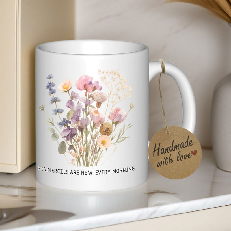 Tailorly White Ceramic 11 oz Mug - His Mercies Are New Every Morning Vibrant Watercolor Wildflowers Blooming Elegantly Among Soft Green Leaves And Delicate Stems