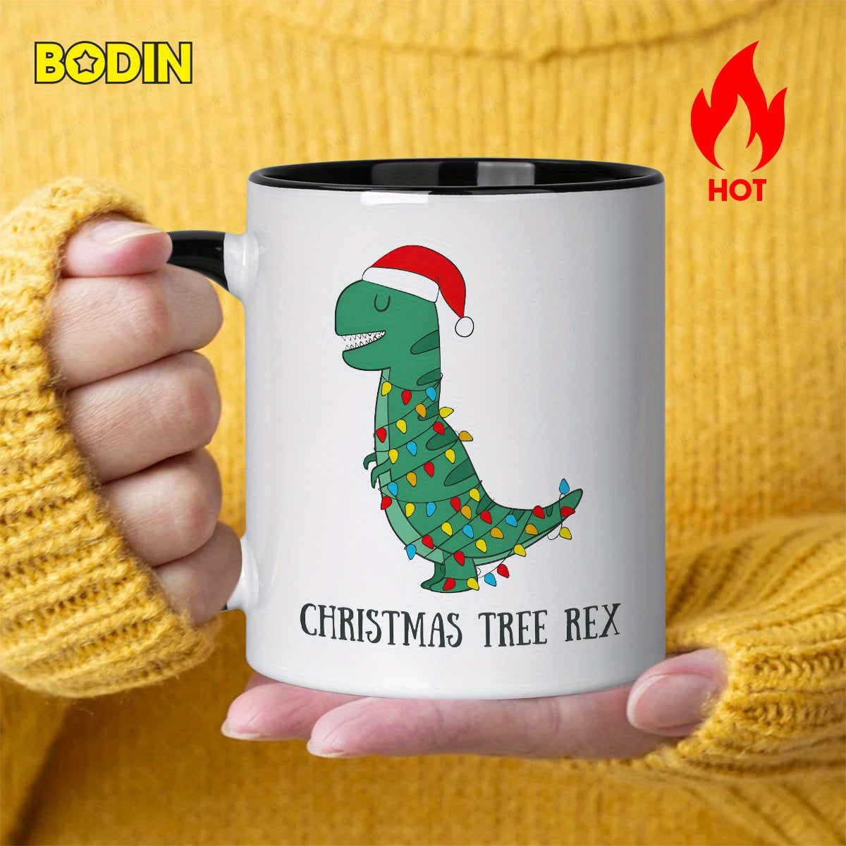 Tailorly Black Accent 11 oz Mug - dinosaur with Christmas design