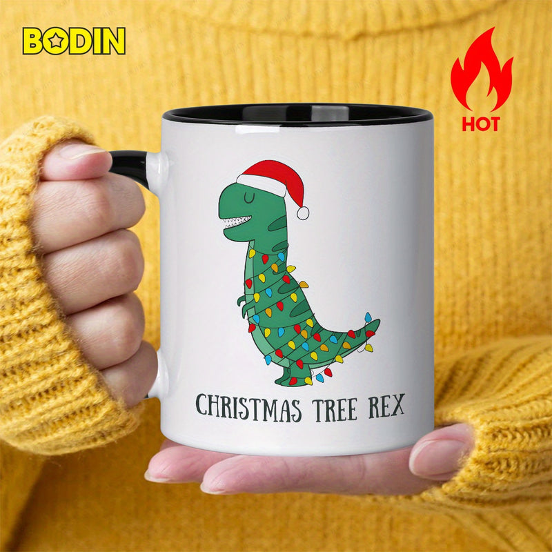 Tailorly Black Accent 11 oz Mug - dinosaur with Christmas design