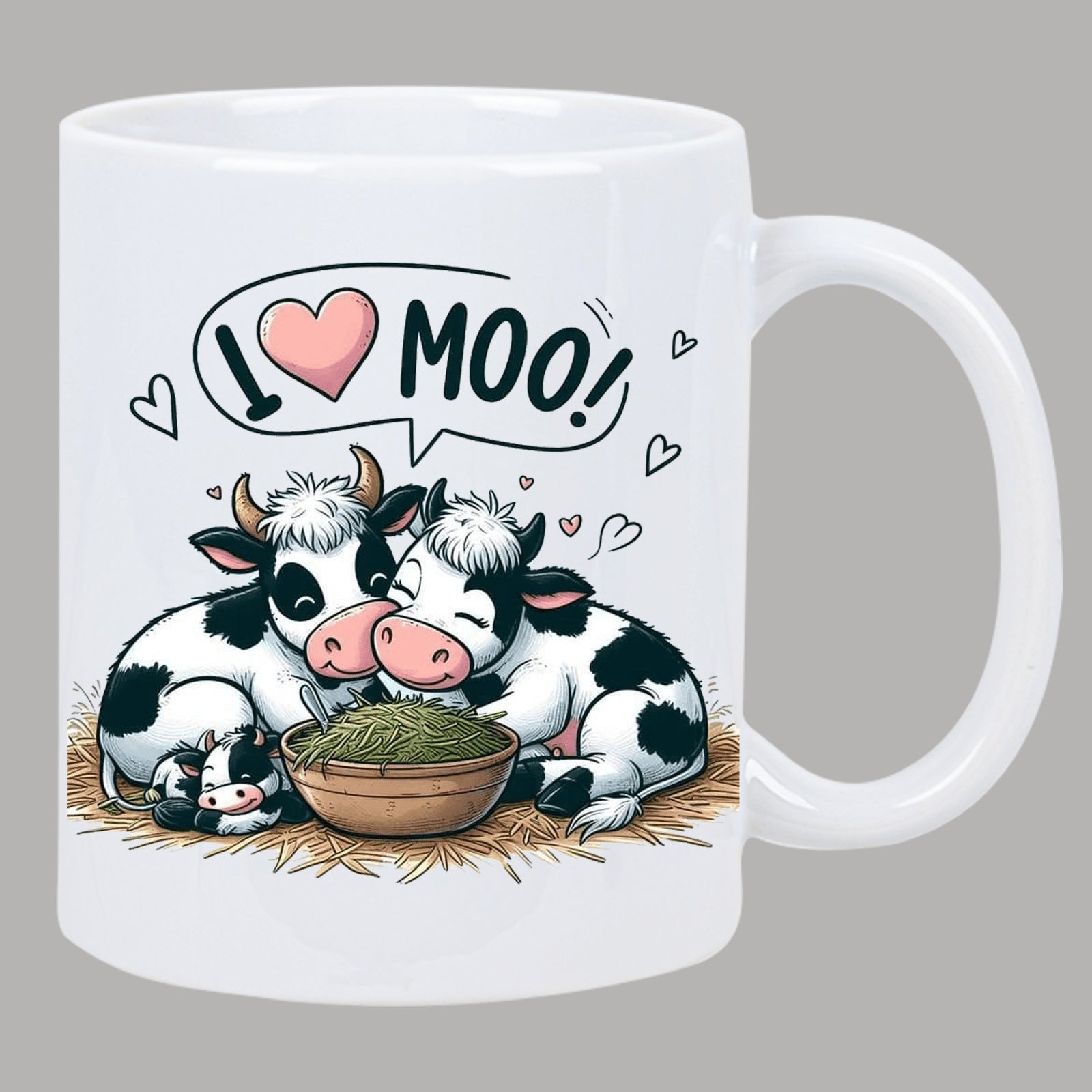 Tailorly White Ceramic 11 oz Mug - I Moo Two Adorable Spotted Cows Snuggling Near A Bowl Of Grass Cow