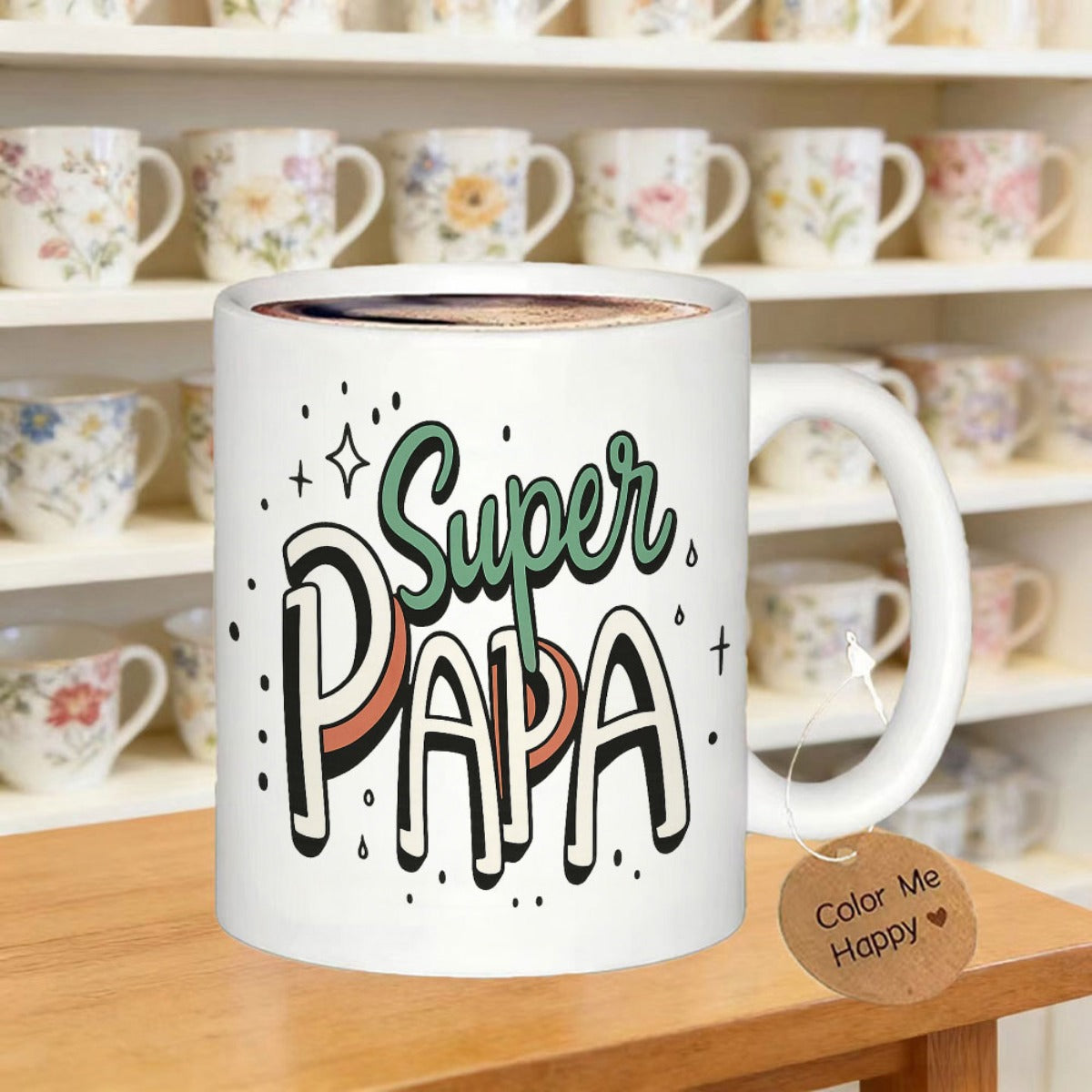 Tailorly White Ceramic 11 oz Mug - Super Papa Retro Stylized Typography Surrounded By Decorative Sparkles And Minimalist Small Stars Mug