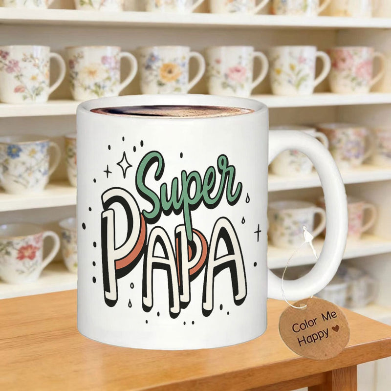 Tailorly White Ceramic 11 oz Mug - Super Papa Retro Stylized Typography Surrounded By Decorative Sparkles And Minimalist Small Stars Mug