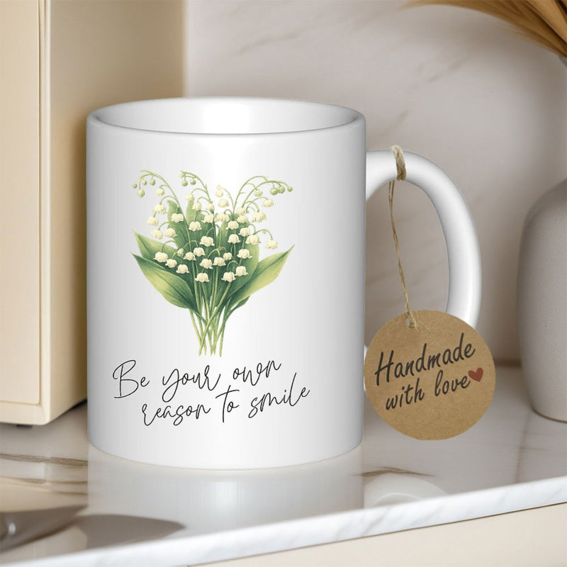 Tailorly White Ceramic 11 oz Mug - Be Your Own Reason To Smile Elegant Bouquet Of White Lily Of The Valley With Green Leaves Lily Of The Valley