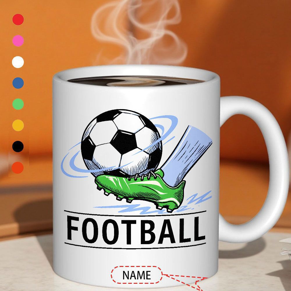 Tailorly White Ceramic 11 oz Mug - Football Name Dynamic Action Shot Of A Green Cleat Kicking A Speeding Ball Soccer Ball
