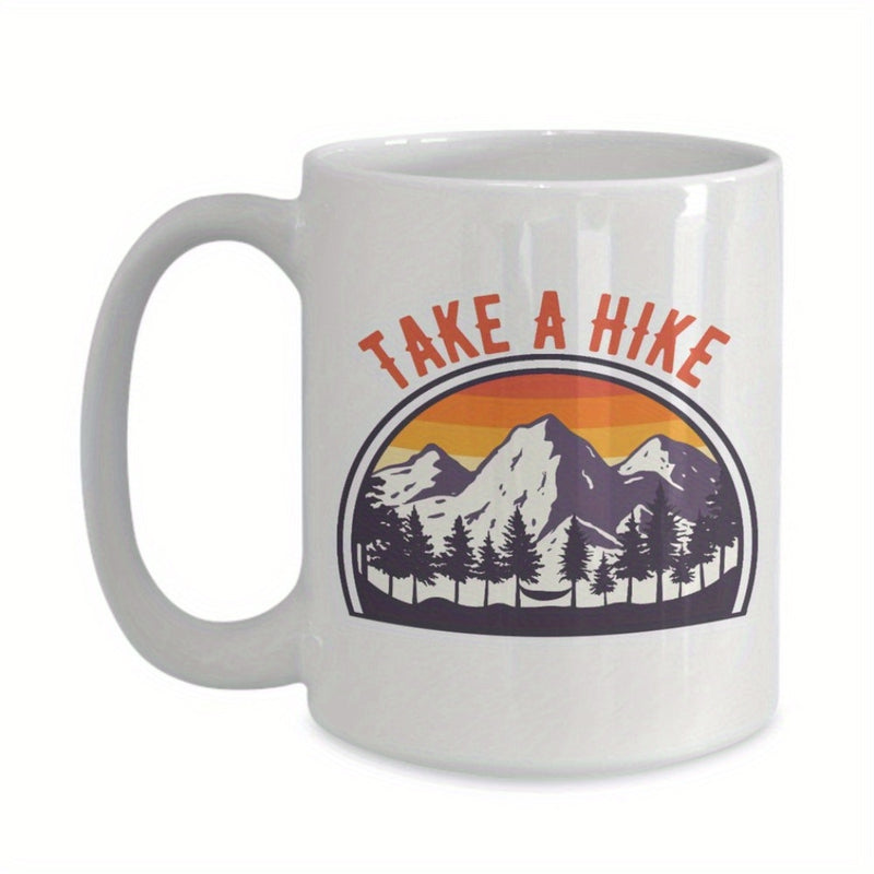 Tailorly White Ceramic 11 oz Mug - Take A Hike Vintage Retro Sunset Glowing Over Majestic Pine Trees And Distant Snowy Mountain
