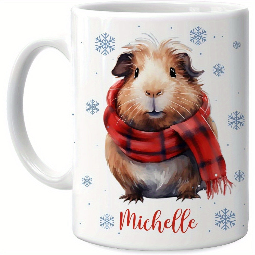 Tailorly White Ceramic 11 oz Mug - Michelle Fluffy Brown Guinea Pig Wearing Warm Red Scarf Under Falling Snowflakes Guinea Pig