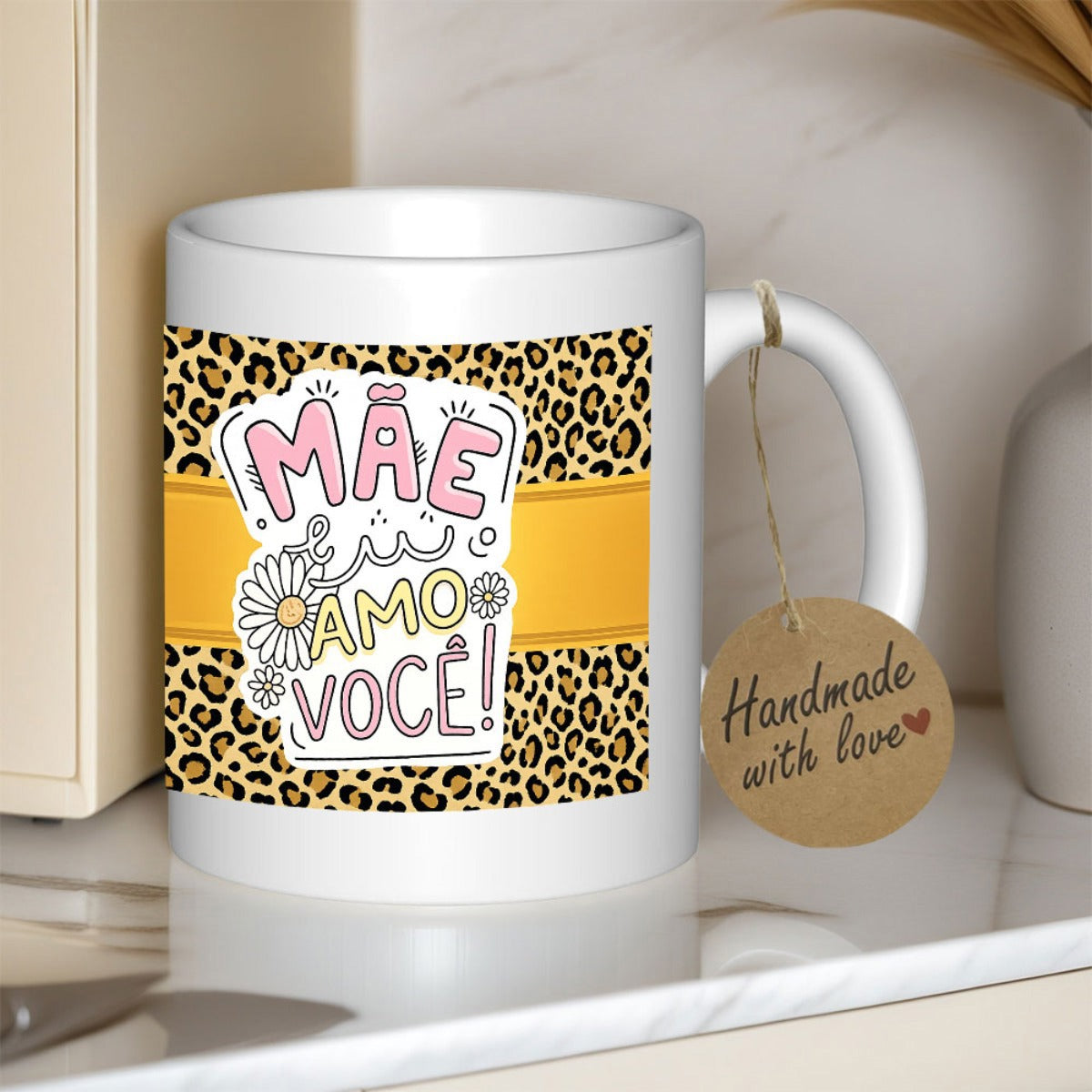 Tailorly White Ceramic 11 oz Mug - Wild Leopard Skin Design With Blooming White Daisy Flowers Pattern