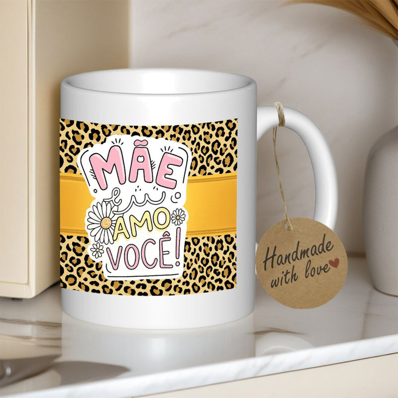 Tailorly White Ceramic 11 oz Mug - Wild Leopard Skin Design With Blooming White Daisy Flowers Pattern