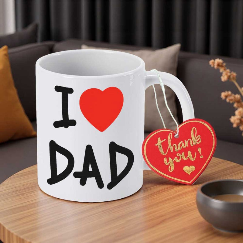 Tailorly White Ceramic 11 oz Mug - I Love Dad Simple Vibrant Red Heart Centered Above Bold Black Handwritten Text Heart