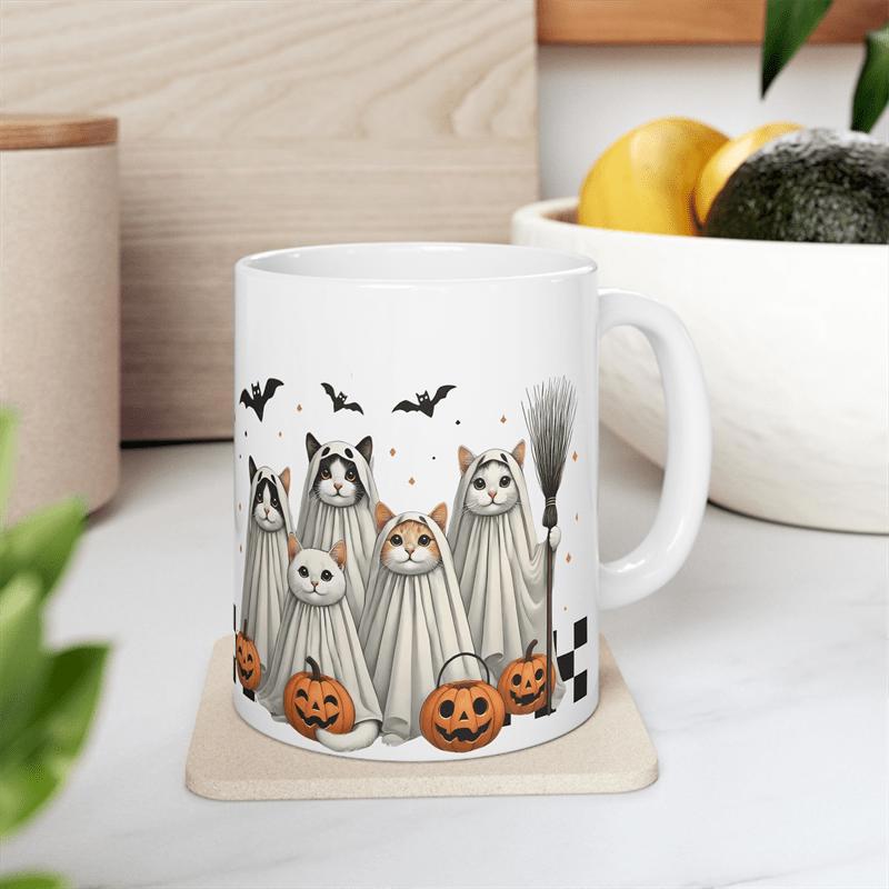 Tailorly White Ceramic 11 oz Mug - Spooky Halloween Kittens Dressed As Ghosts Among Jack O Lanterns And Flying Bats Cat