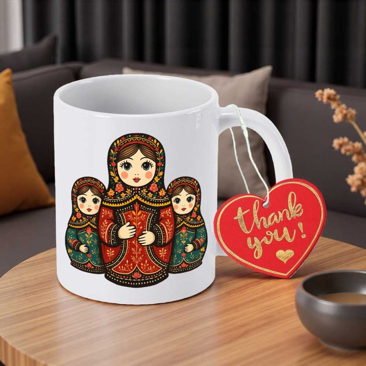 Tailorly White Ceramic 11 oz Mug - Thank You Traditional Russian Nesting Dolls Featuring Ornate Floral Details And Intricate Patterns Matryoshka