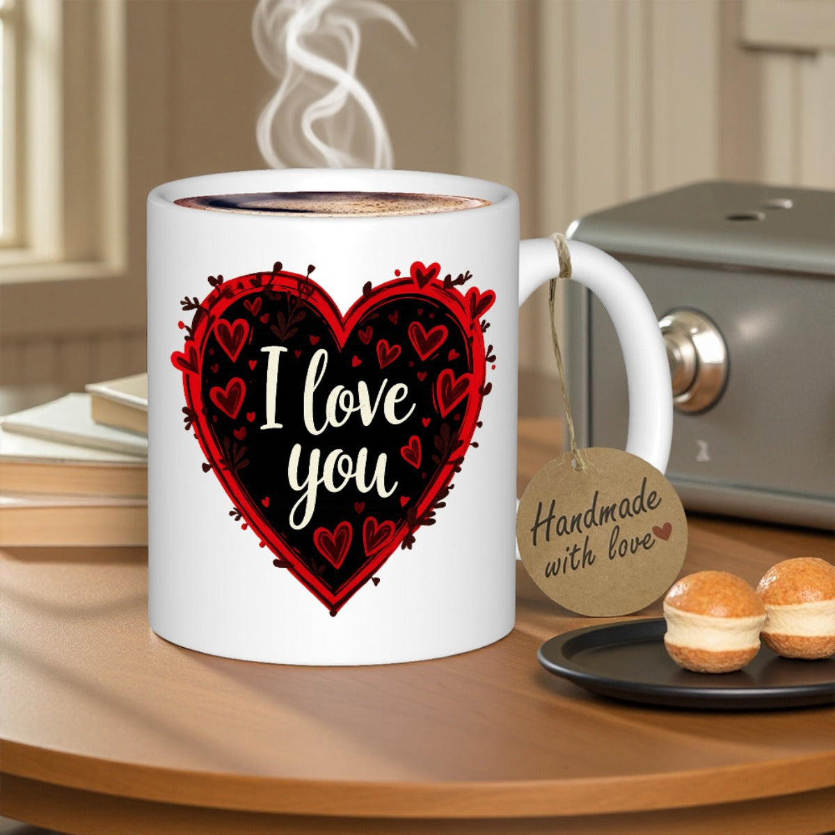 Tailorly White Ceramic 11 oz Mug - I Love You Vibrant Red And Black Romantic Pattern Featuring Smaller Delicate Hearts Heart
