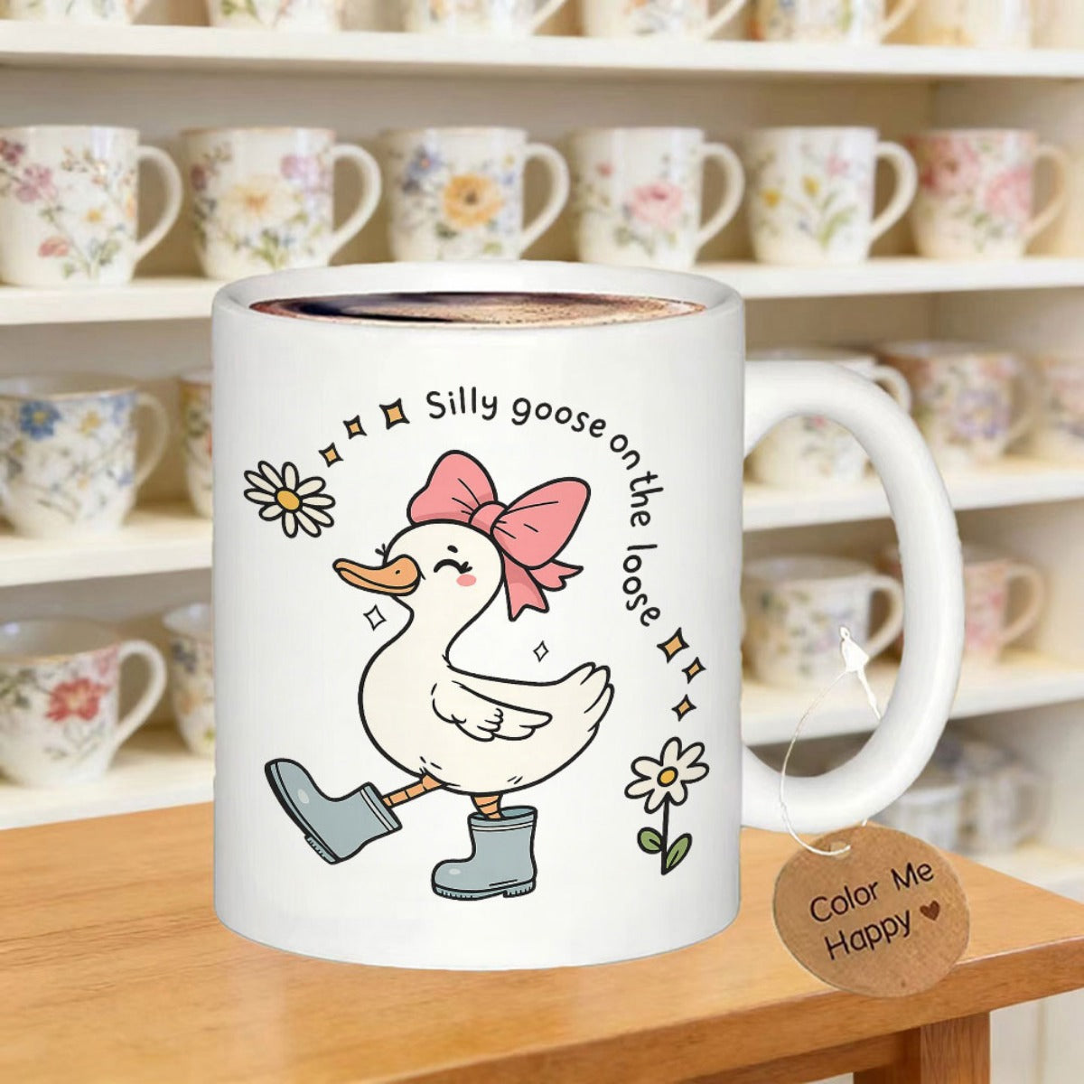 Tailorly White Ceramic 11 oz Mug - Silly Goose On The Loose Cute Cartoon White Bird Wearing Pink Bow And Blue Rain Boots Goose