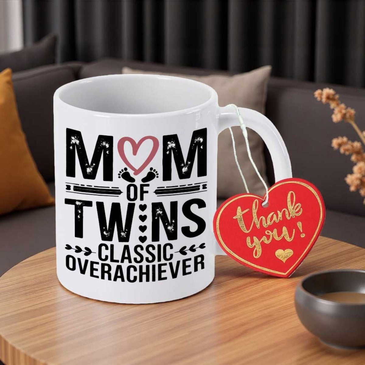 Tailorly White Ceramic 11 oz Mug - Mom Of Twins Classic Overachiever Clean White Ceramic Background Featuring Pink Heart And Tiny Footprints Mug