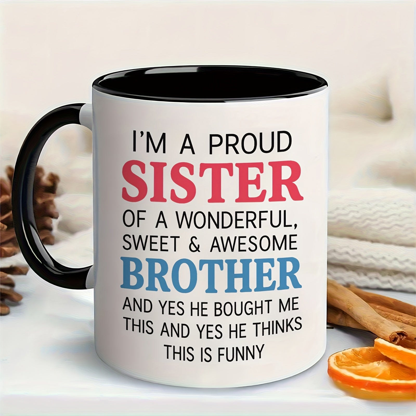 Tailorly Black Accent 11 oz Mug - text celebrating sibling love