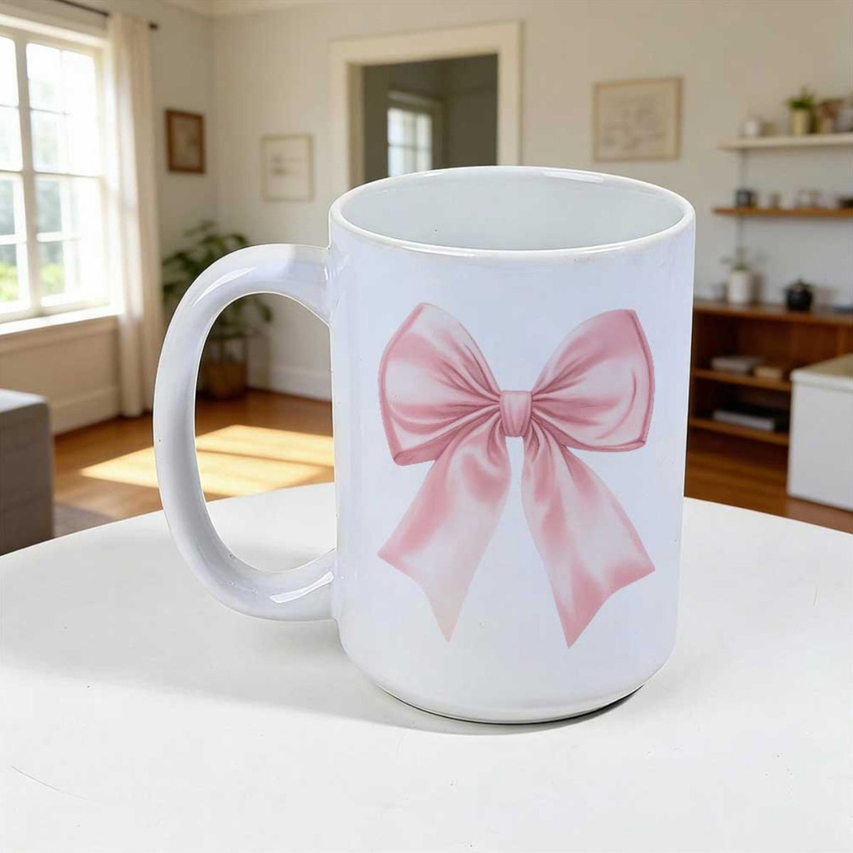 Tailorly White Ceramic 11 oz Mug - Elegant Pink Satin Ribbon With Soft Delicate Textures Bow