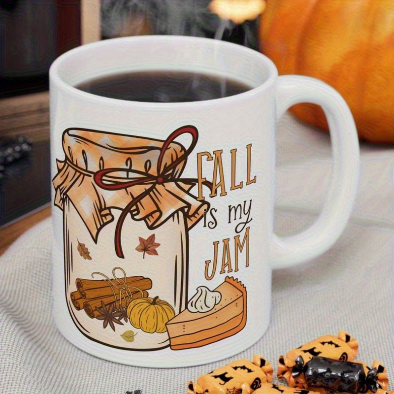 Tailorly White Ceramic 11 oz Mug - Fall Is My Jam Rustic Autumn Design Filled With Cinnamon Sticks And Small Pumpkin Jar