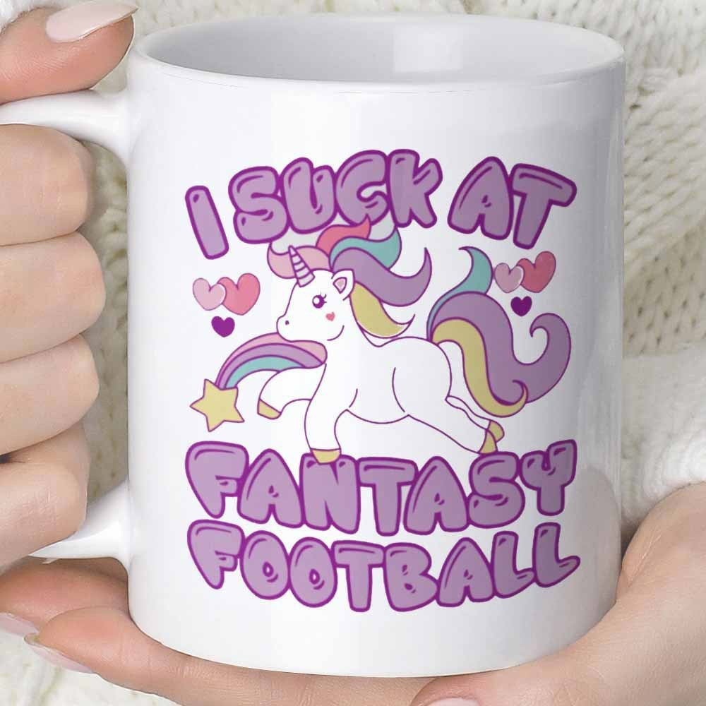 Tailorly White Ceramic 11 oz Mug - I Suck At Fantasy Football Charming Cartoon Unicorn With Rainbow Colors And Tiny Floating Hearts Unicorn