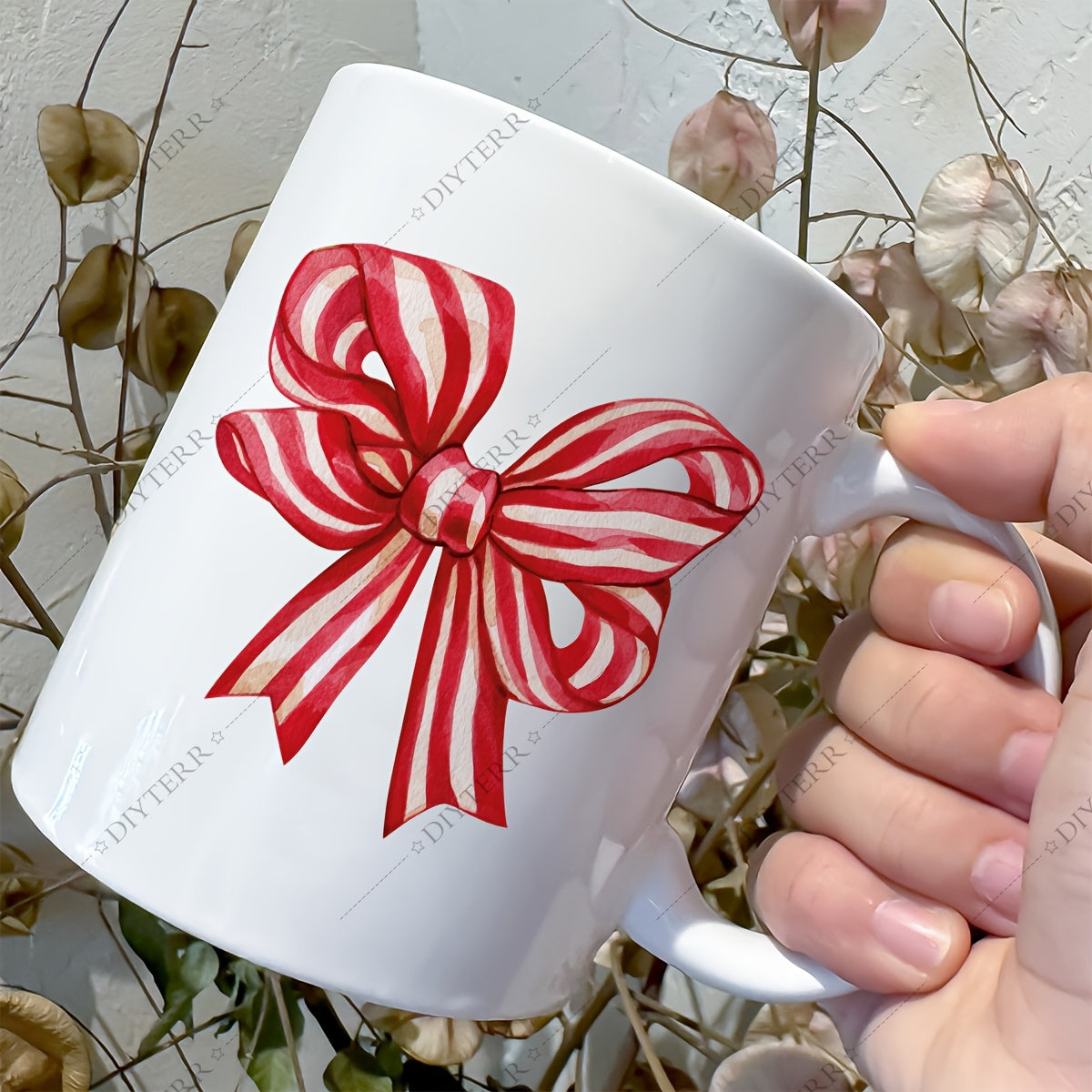 Tailorly White Ceramic 11 oz Mug - Elegant Hand Painted Red And White Striped Festive Ribbon Decorative Bow