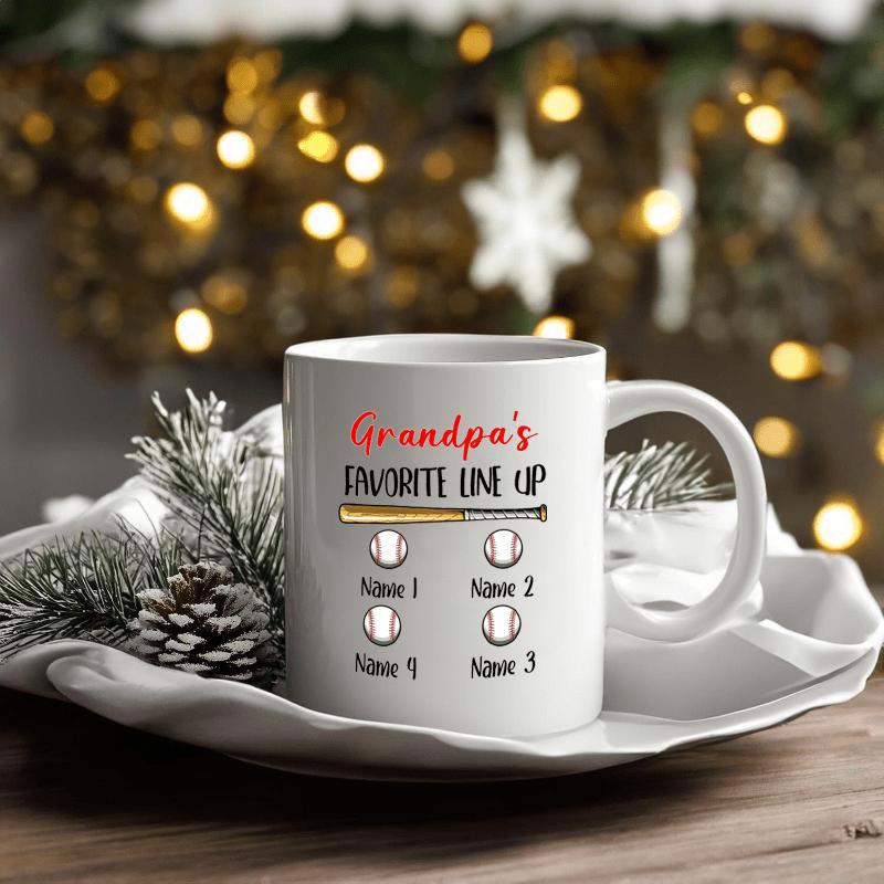 Tailorly White Ceramic 11 oz Mug - Grandpa's Favorite Line Up Classic Sports Equipment Featuring A Wooden Bat And White Round Baseballs Baseball Bat