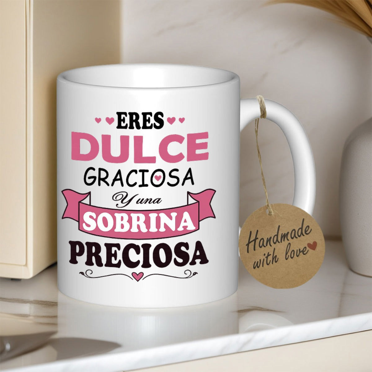 Tailorly White Ceramic 11 oz Mug - Handmade With Love Elegant With Pink Banner And Hearts Mug