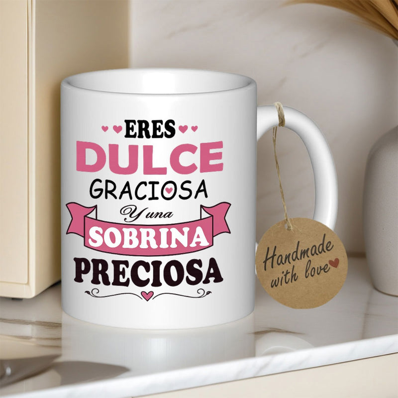 Tailorly White Ceramic 11 oz Mug - Handmade With Love Elegant With Pink Banner And Hearts Mug